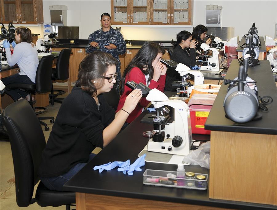 Medical laboratory practical training session with students at a laboratory bench